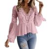 Elegant Lace Splice Hollow Out Fashion Blouse Women V Neck White Shirt Long Sleeve Sweet Casual Loose Tops Ladies Ruffled Pleated Simple Clothing