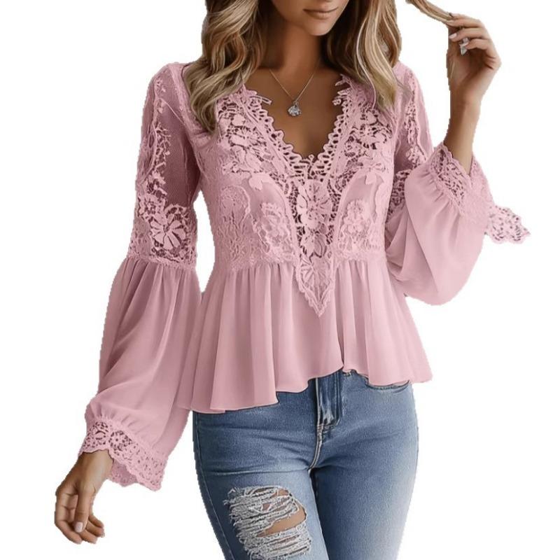 Elegant Lace Splice Hollow Out Fashion Blouse Women V Neck White Shirt Long Sleeve Sweet Casual Loose Tops Ladies Ruffled Pleated Simple Clothing