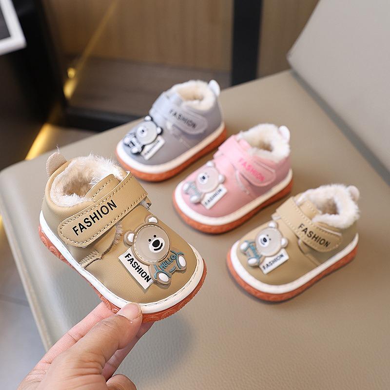Squeaky Booties for 0-2 Years Old Fleece-Lined Thickened Baby Shoes with Soft Soles, Unisex Animal Graphic First Walkers