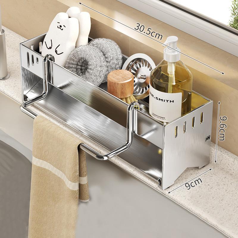 1pc Stainless Steel Kitchen Storage Rack Large-capacity Rag Sponge Draining Rack Household Sink Storage Rack Kitchen Organizer