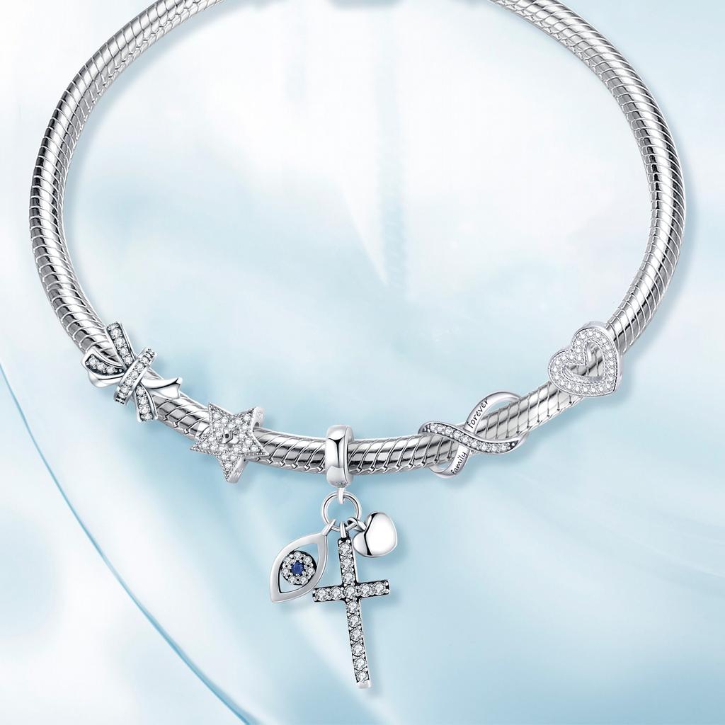 BAMOER 925 Silver Clear 5A Crystal Collection Family Heart Cross Charm Beads fit for Charm Bracelet & Necklace Pendant
