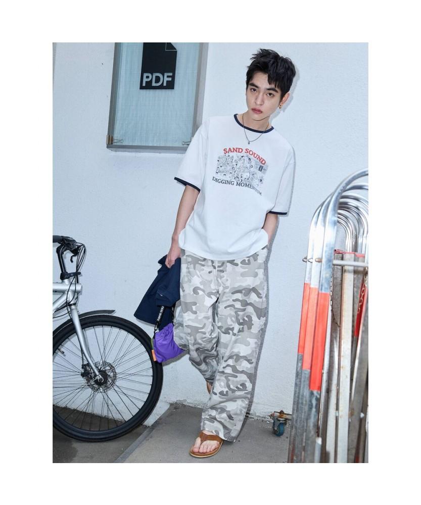 Saendeusaundeu (Unisex) Ringer Print Short Sleeve T-Shirt White