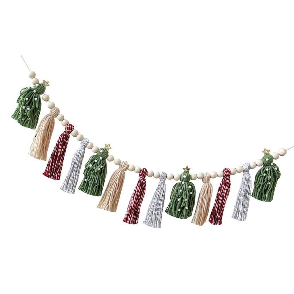 Christmas Hanging Cotton Woolen Tassels Garlands with Wood Beads for Mantel Decorations and Celebration Bunging Banners
