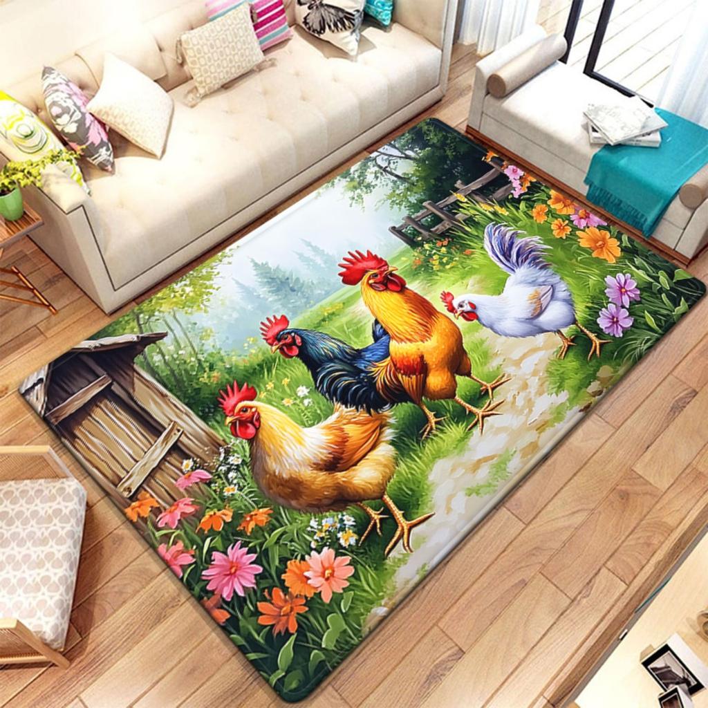 Farmyard Chickens Scene Crystal Velvet Rug Rustic Country Theme Living Room Decor Colorful Animals Print Soft Floor Mat for Home