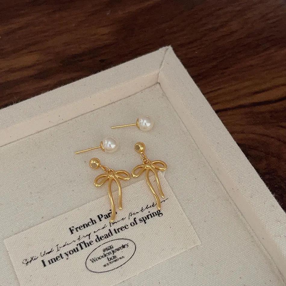 

Korean 925 Sterling Silver Bow Pearl Stud Earrings for Women Piercing Jewelry Simple Women s Earring Wedding Party Pendient золотий
