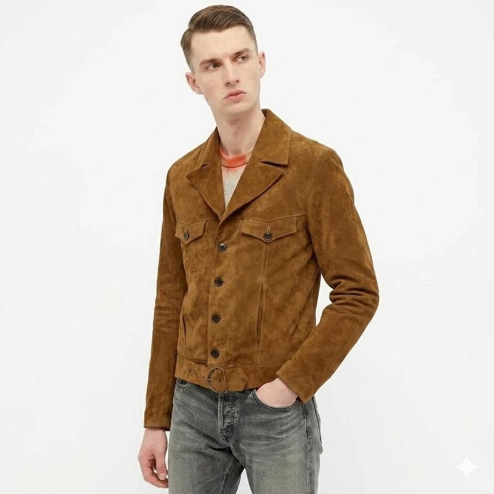 Giacca Tan Marrone Scamosciata Morbida Pelle di Agnello Vestibilità Giacca Moto Uomo Stile Biker