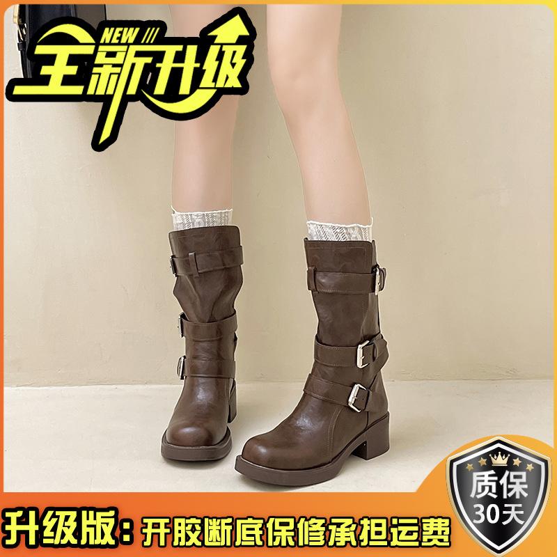 British Style Platform High-heeled Martin Boots Women's Autumn and Winter Fashion Versatile Design Belt Buckle Heightening Fashion Boots Short Boots