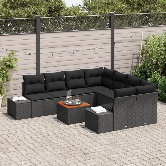 VidaXL Ensemble de canapé de jardin 9 pièces avec coussins en poly rattan noir et acacia 3347940