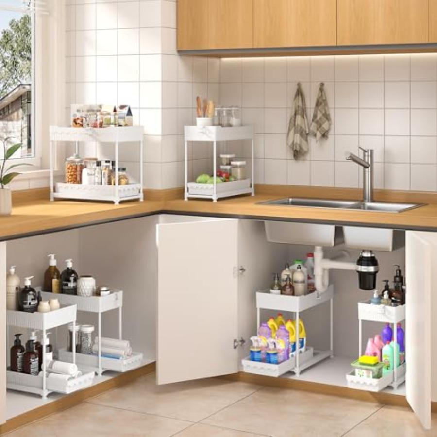 3 Pack Under Sink Organizers 2-Tier Multi-Use Kitchen and Bathroom Organizers and Storage with Sliding DrawersBathroom Cabinet