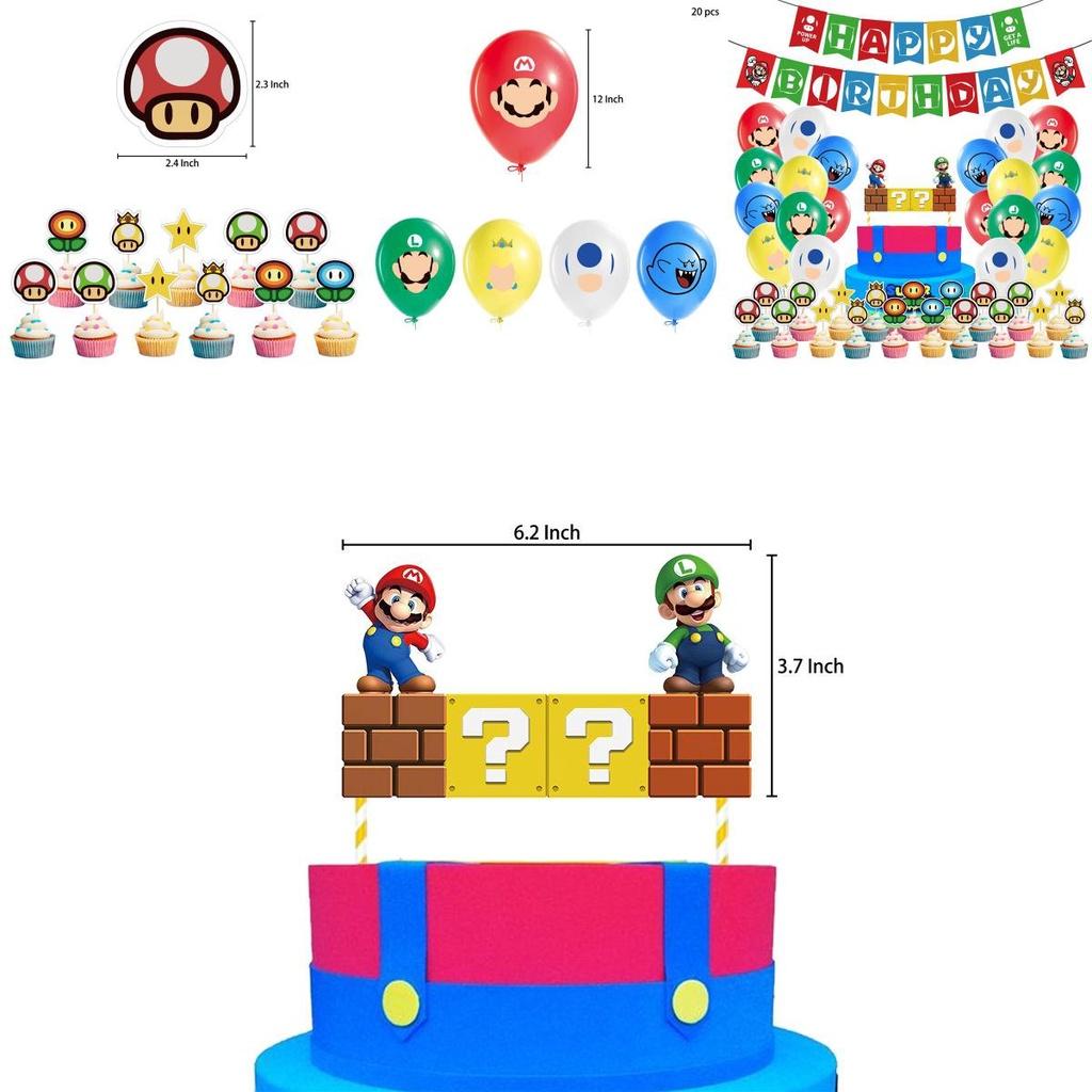Super Mario Themed Birthday Party Decor Suit Includes Bright Balloons Cupcake Toppers And Happy Birthday Banner