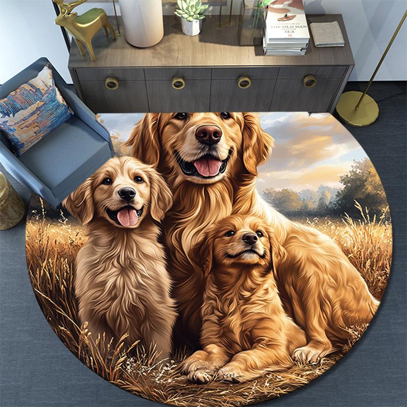 Golden Retriever Round Area Rug,Carpet Rug for Living Room Bedroom Sofa Playroom Decor,Non-slip Floor Mat