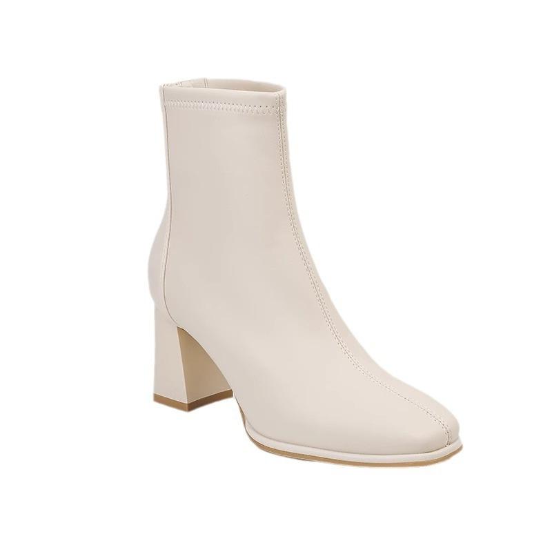 Leather French high-heeled short boots women's 2024 autumn and winter thick-heeled Martin boots square head white height-increasing thin boots childre