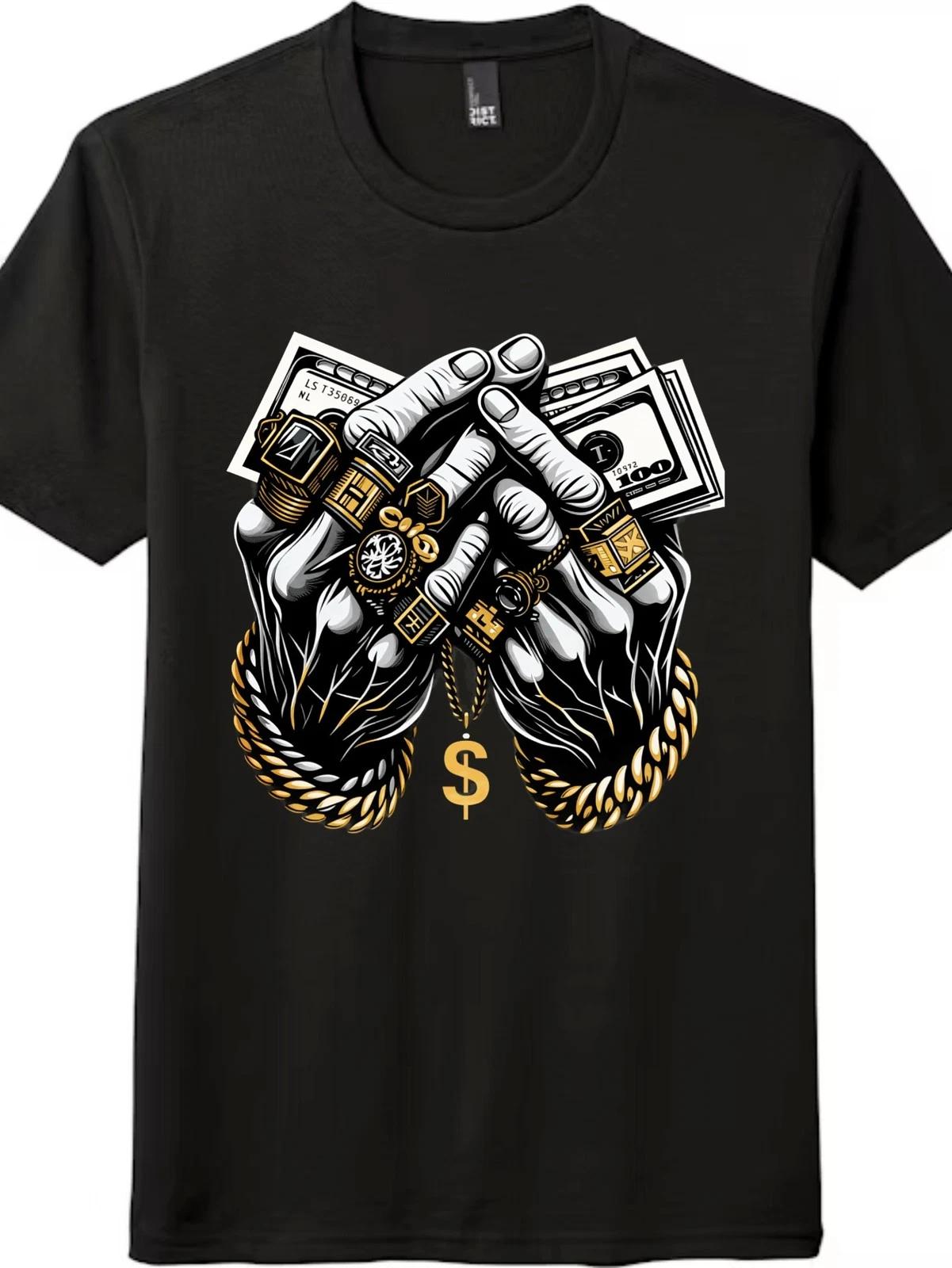 Praying Hands Gold Chain Money Hustle Graphic T-Shirt, Hip Hop Streetwear Tee XXXXL