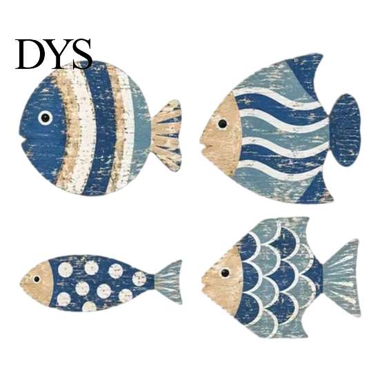 Unique Seaside Cabin Gift 4Pcs/Set Wooden Fish Wall Decor, Coastal Style Art, Distressed Beach House Hanging Set Rustic Blue Ornaments for Home