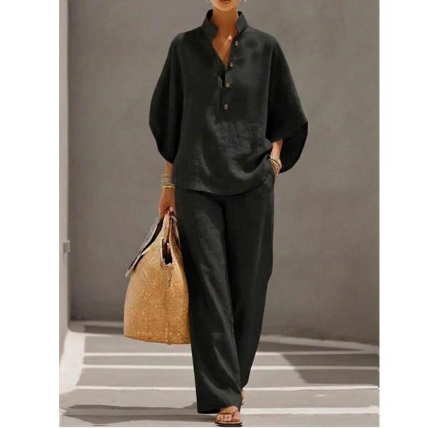 Completo Casual da Donna con Camicia Monocolore a Manica Lunga e Pantaloni in Cotone e Lino