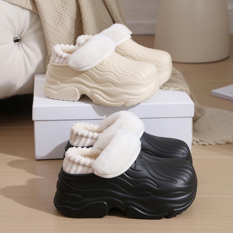 Women's EVA Waterproof Thick-Soled Plush Cotton Slippers, Non-Slip High-Heel, Warm Indoor Shoes for Autumn & Winter