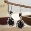 Vintage Silvery Plated Black Stone Dangle Earrings for Women Elegant Exquisite Banquet Jewelry Geometric Hollow Pendant Earrings