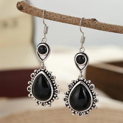 Vintage Silberplattierte Schwarze Stein Hängeohrringe für Damen Elegante Exquisite Bankett Schmuck Geometrische Hohl Anhänger Ohrringe