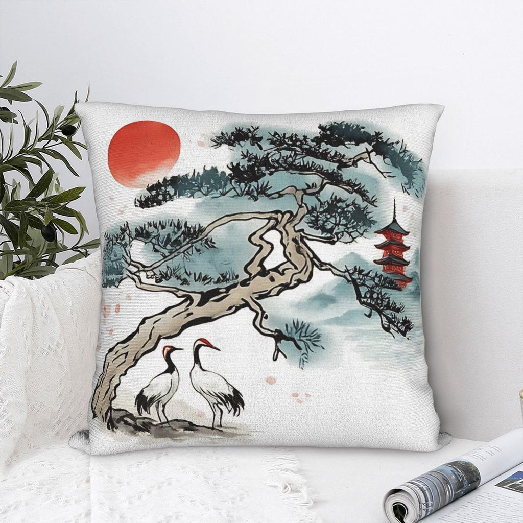 Pillow Case Japanese Ink Pine with Red Sun Comfy Pillow Cover For Wedding Party Home Decor Morden Pillowcases