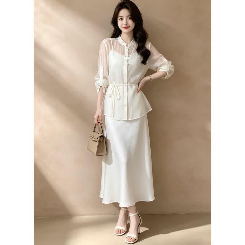 New Chinese Style Pan-Buckle Stand-Collar Shirt & Skirt Two-Piece Set