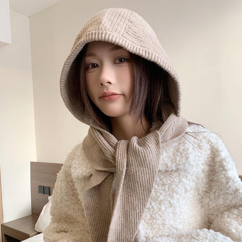 Balaclava Feminino de Alto Padrão à Prova de Vento e Quente Proteção para Orelhas Chapéu de Lã Lenço Integrado Chapéu de Tricô