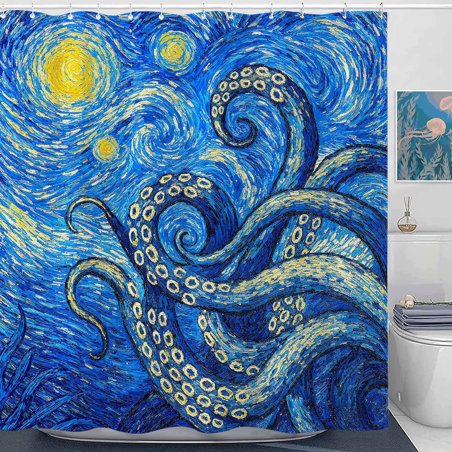 Artistic Octopus Shower Curtain Set Starry Ocean Print Waterproof Bathroom Shower Curtain Mysterious Marine Life Art Home 90x180cm