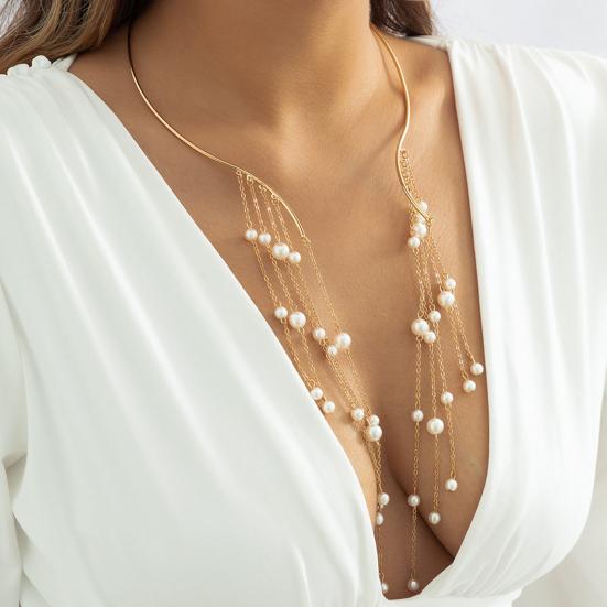 Dlouhý střapec Kovový otevřený choker Hvězda Imitace perlových korálků Střapec Límec Klíční kost Řetízek Náhrdelník Hrudník Tělové šperky pro ženy