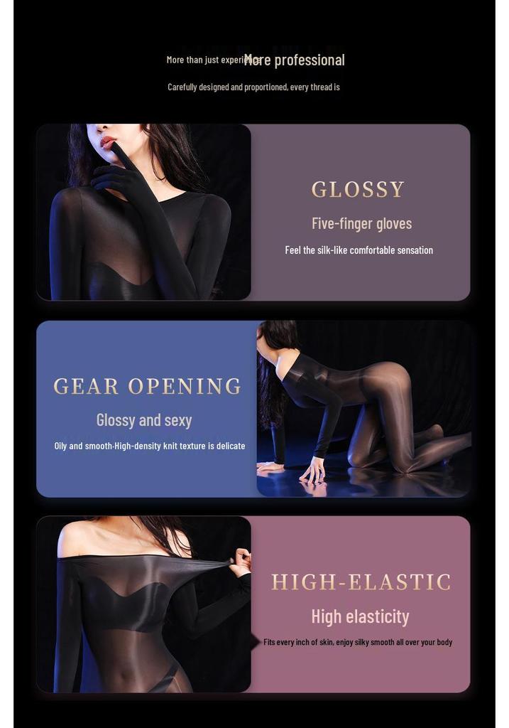 Glossy Black Silk Slim-Fit Full-Body Bodysuit - Round Neck, High Elasticity, 5D Ultra-Thin, Tight-Fitting, Sexy, Five-Finger Design