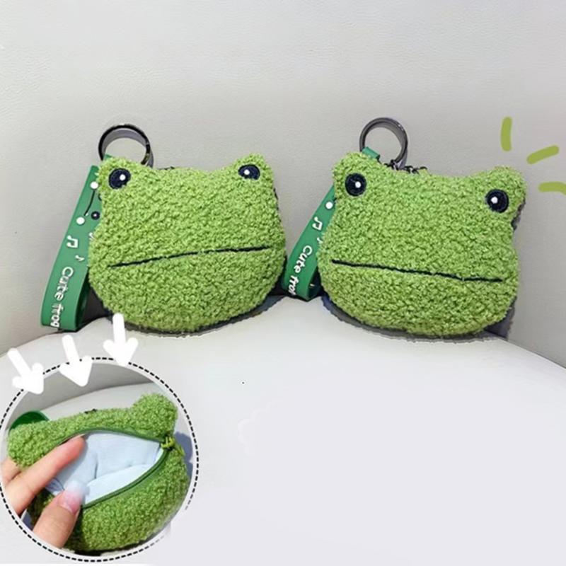 Girls Kawaii Key Charm Lanyard Pendant Earphone Storage Bag Zipper Coin Purses Mini Wallet Keychain Frog Coin Bag