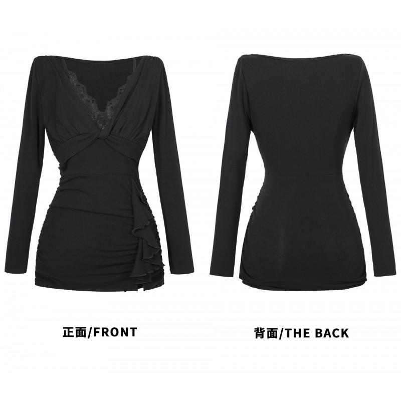 Black Knit Mini Dress With V-Neck Ruffle Hem Lace Panel Slim Fit Casual Wear