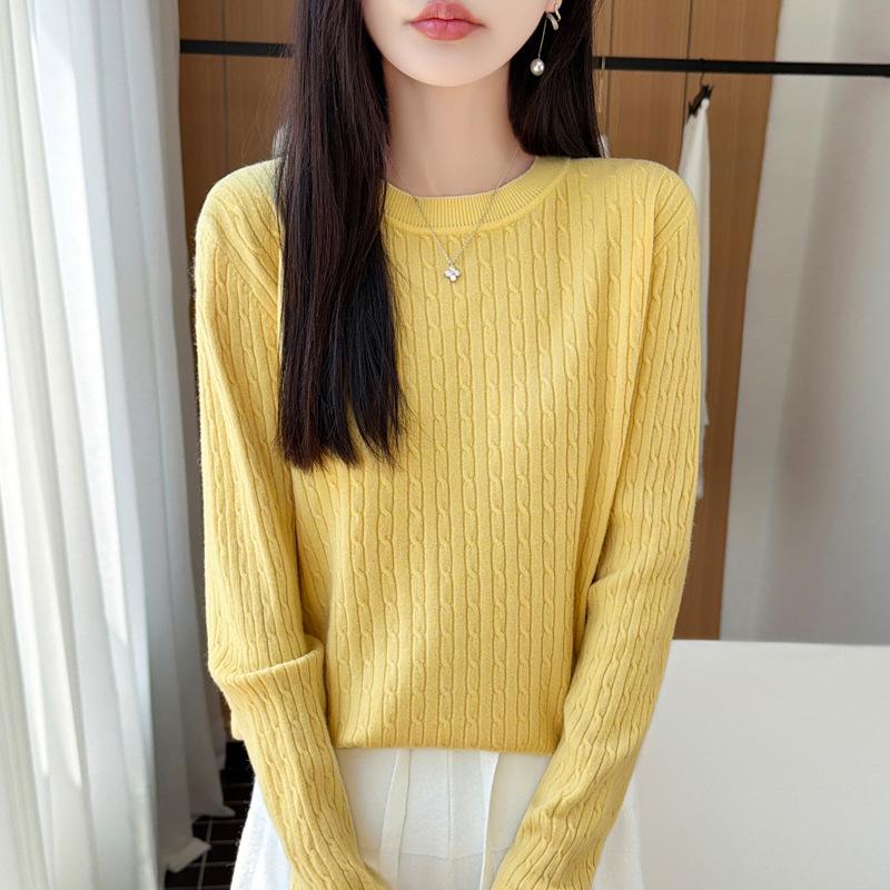 2026 Autumn Women's Round Neck Cable Knit Jacquard Pullover Sweater, Long Sleeve