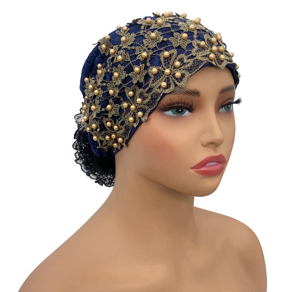 Muslim Headscarf Hat Hairloss Chemo Cap African Headwrap Bonnet Embroidery Beading Turban Cap For Women