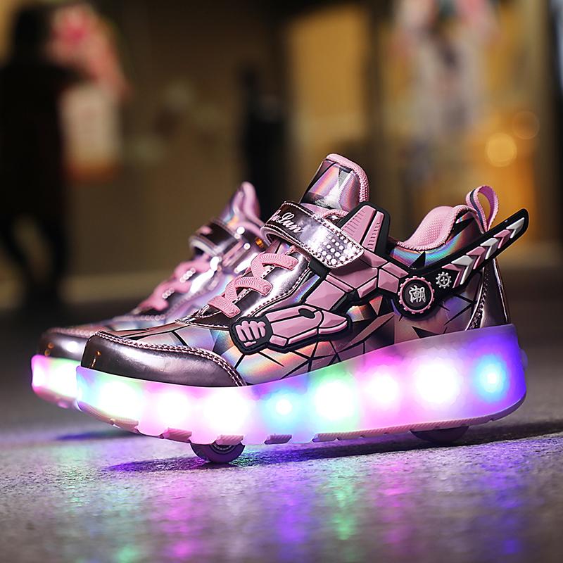 Patines de Ruedas Dobles Patines para Niños Retráctiles Ruedas Automáticas Zapatos Deportivos Carga USB Luz LED Zapatos Deportivos