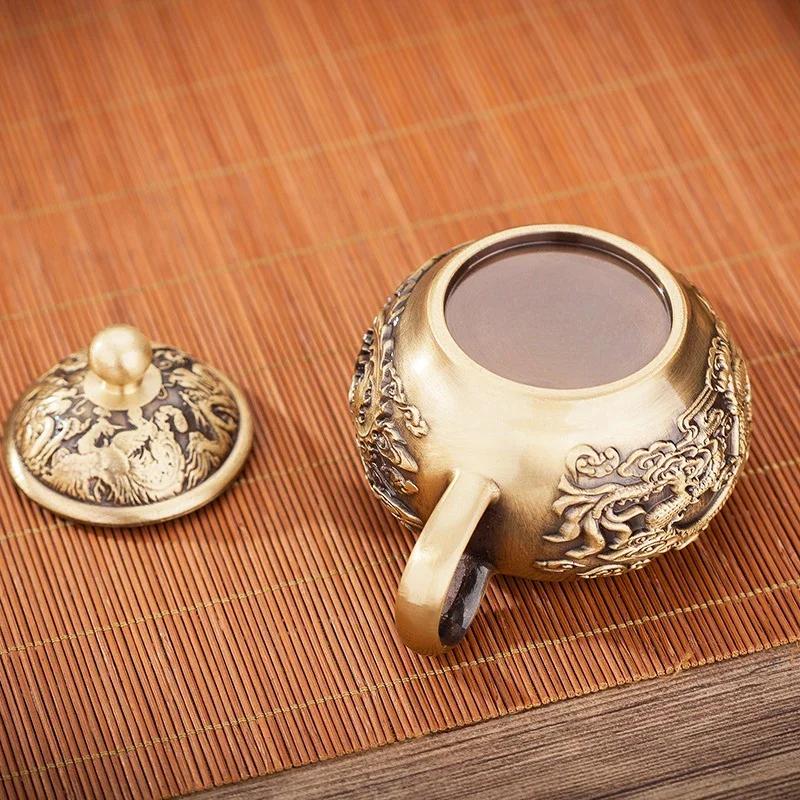 Brass Vintage Dragon Phoenix Chengxiang Tea Pot Office Desktop Home Decoration Crafts  Small