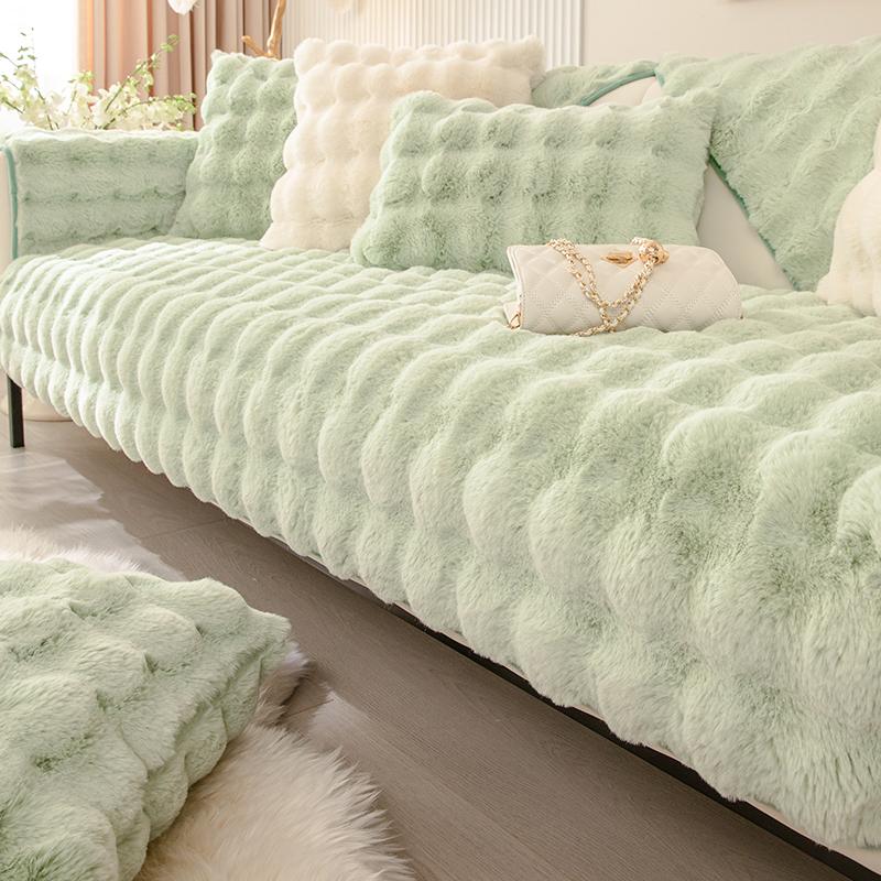 Cojín de sofá de felpa de conejo de burbujas, cojín antideslizante de invierno, funda de sofá de cuero ligera, gruesa, Simple, de alta gama