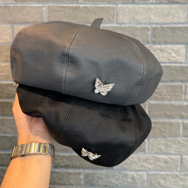 Chic Faux Leather Beret for Women - Waterproof, Non-Stretch, Fashionable British Retro Style Octagonal Cap