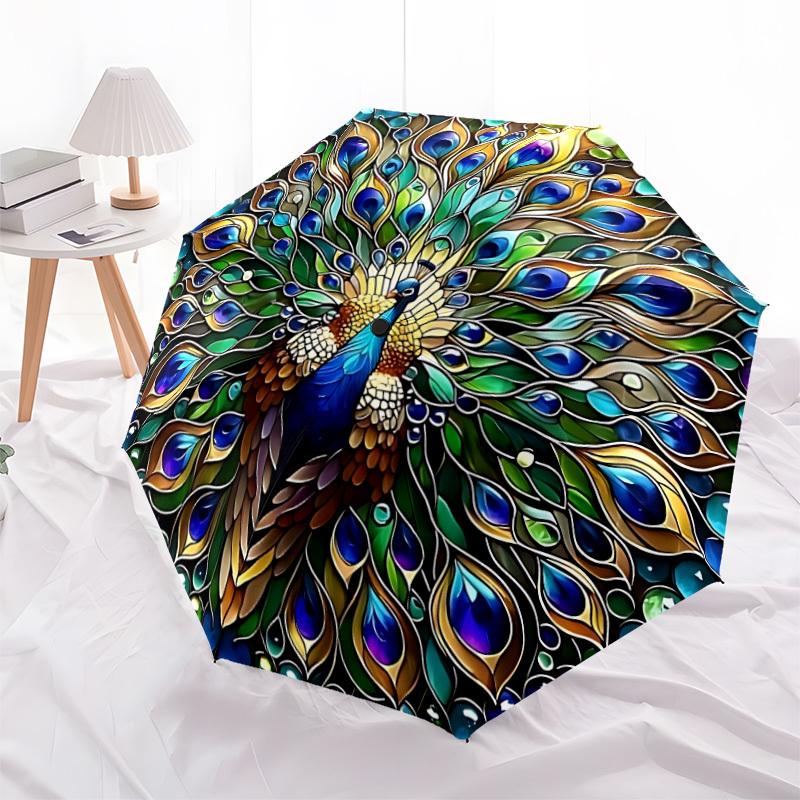 1 Stück Pfauenfeder Mandala Automatisches Öffnen, Stabiler Eisenrahmen, Kompaktes FaltDesign, Ganzjahres-Tragbarer Regenschirm für Damen & Herren, Outdoor