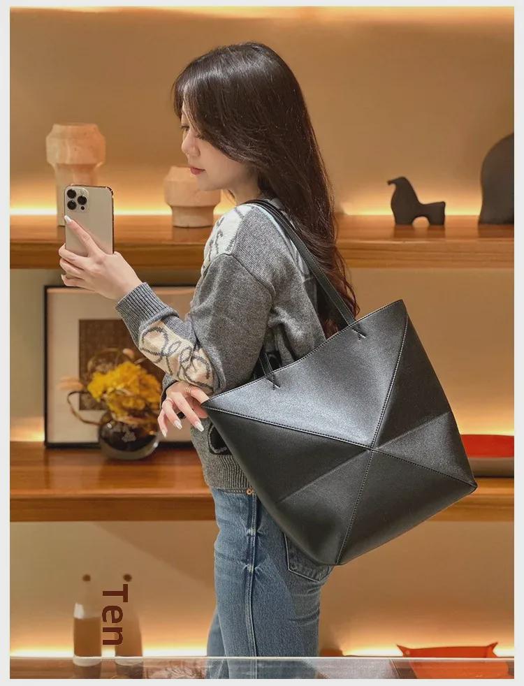 2023 Genuine Leather Convertible Geometric Tote: Large Capacity Shoulder, Crossbody, or Hand-Held Bag