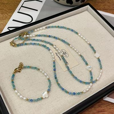 New Arrival Natural Freshwater Pearl & Blue Crystal Trendy Lucky Flower 14K Gold Filled Female  Set For Necklace Bracelet