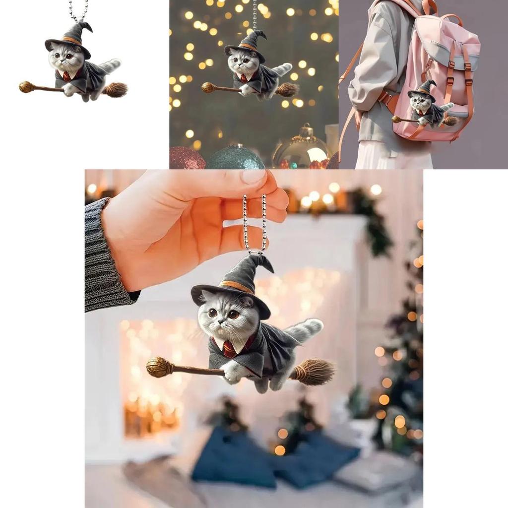 Minimalistischer Acryl-Autoanhänger mit flacher Oberfläche und magischem Katze-auf-Besen-Design zur Dekoration des Autoinnenraums