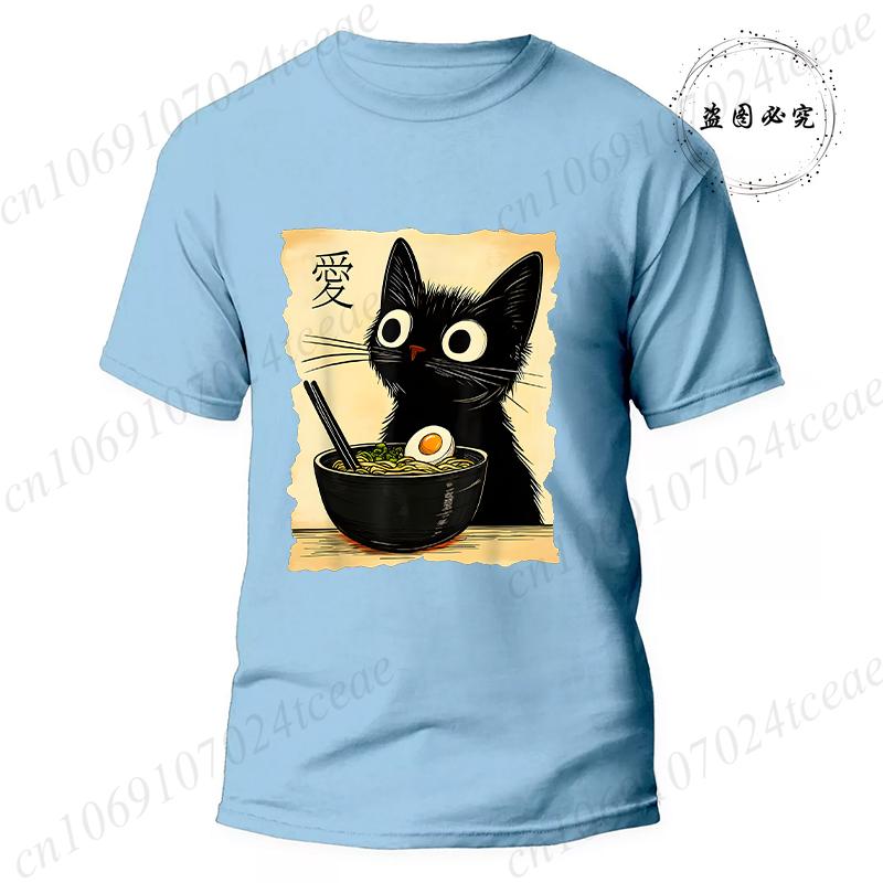 Japanese Kawaii Anime Cat T-Shirt Funny Cat Ramen Graphic Tee Fashion T-shirts Short Sleeve Clothes Trend Casual Unisex Tshirts