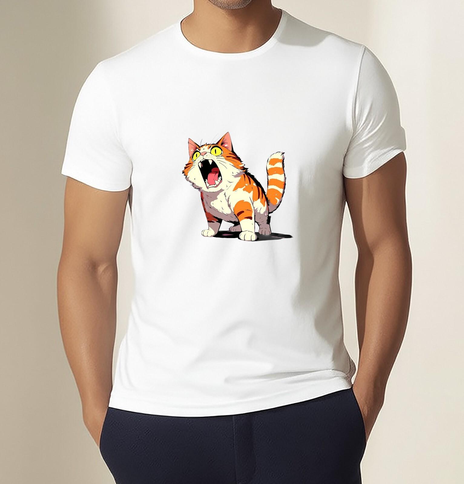 Screaming Cartoon Cat T-Shirt Hilarious Orange Tabby Graphic Tee Unisex Shirt M