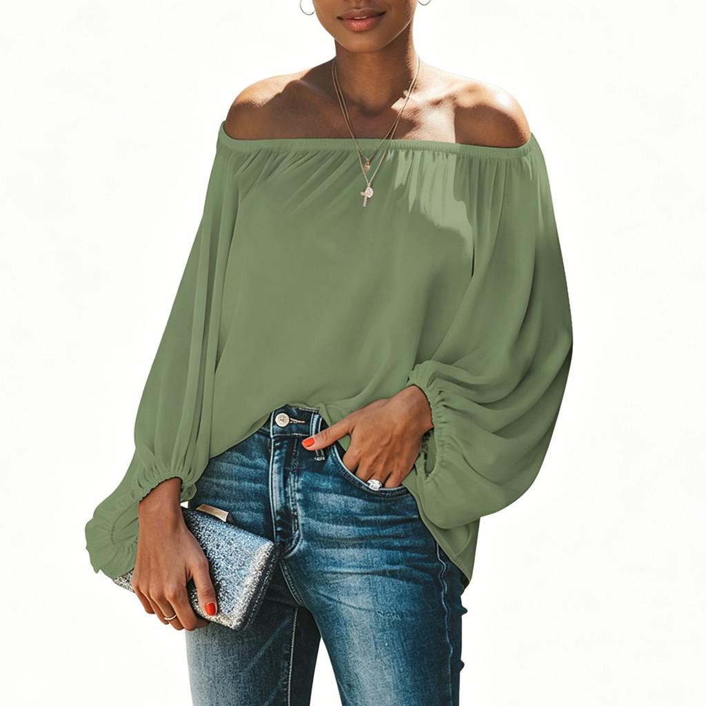 Women Off Shoulder Blouse Lantern Sleeve Long Sleeve Pullover Top Elastic Neckline Casual Shirt