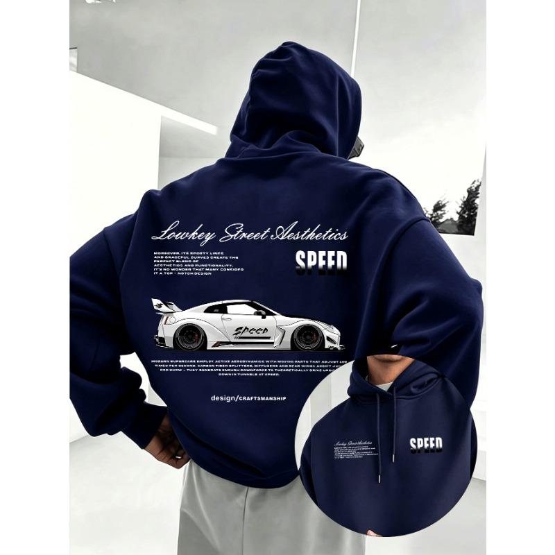 Men's American-style Street Sports Style Sports Car Print Hooded Sweatshirt for Autumn Winter with Added Insulation Thickness.