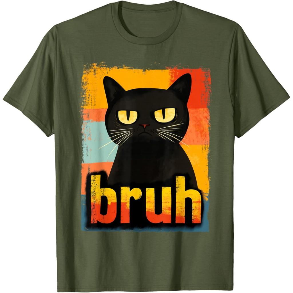 Bruh Grumpy Black Cat Meme Graphic TShirt Funny Retro Style Tee for Unisex Women
