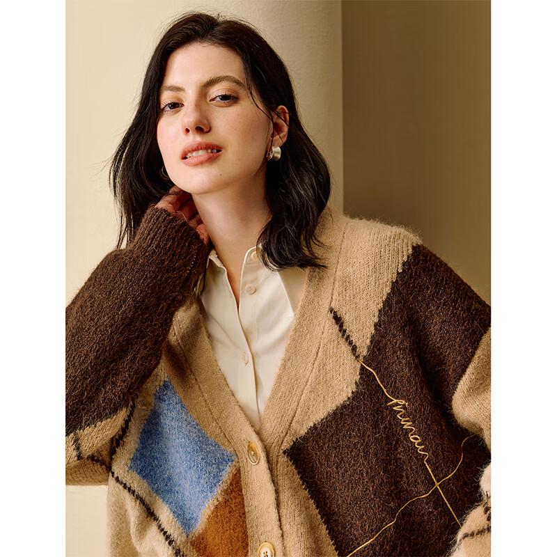 INMAN Women's Retro Argyle V-Neck Knit Cardigan