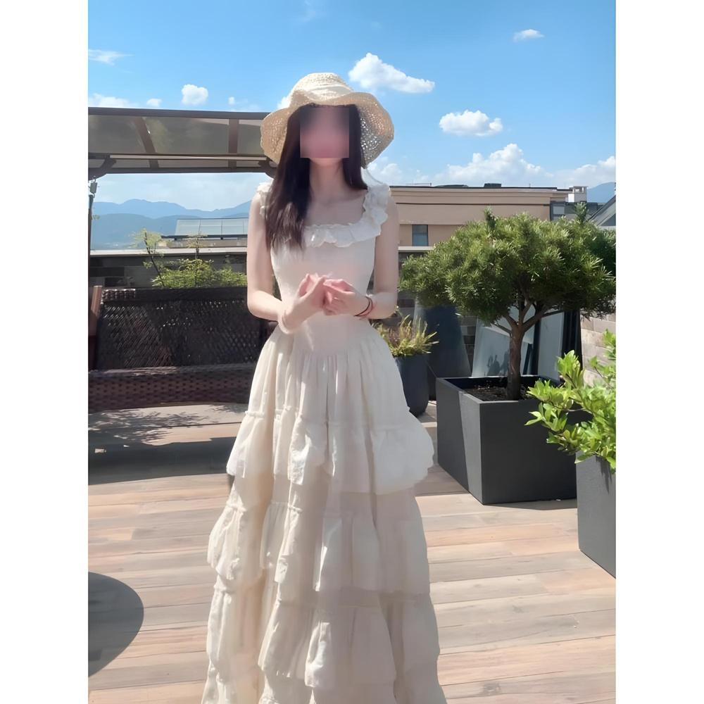 Xiaofei Sleeve Suspender Dress Women's Lace Splicing Large Skirt Waist Seaside Vacation Super Fairy Medium and Long Cake Skirt