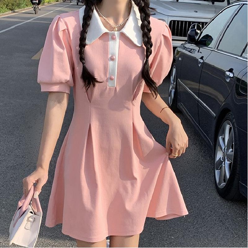 Polo Collar Color-blocking Design Short-sleeved Dress for Women In Summer Latest Niche Waist-hugging and Slim Small A-line Skirt