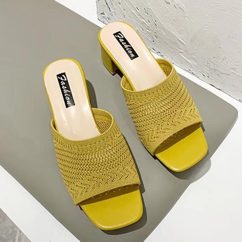 Medium heel cool slippers women's 2025 summer new Korean version of flying woven outer wear one word fashion women's cool slippers
