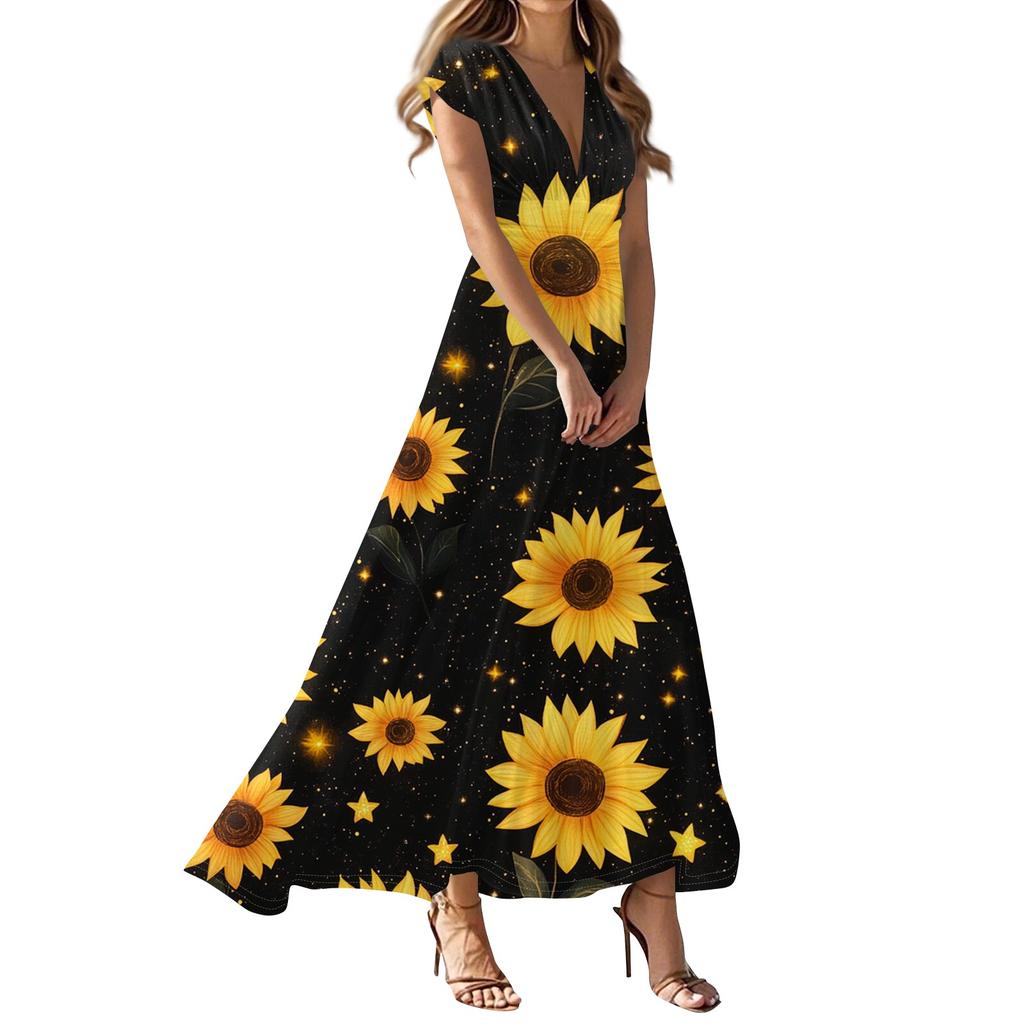 Boho Dress For Women Casual Loose Fit Summer Sundress Floral Print Dress With Pocket